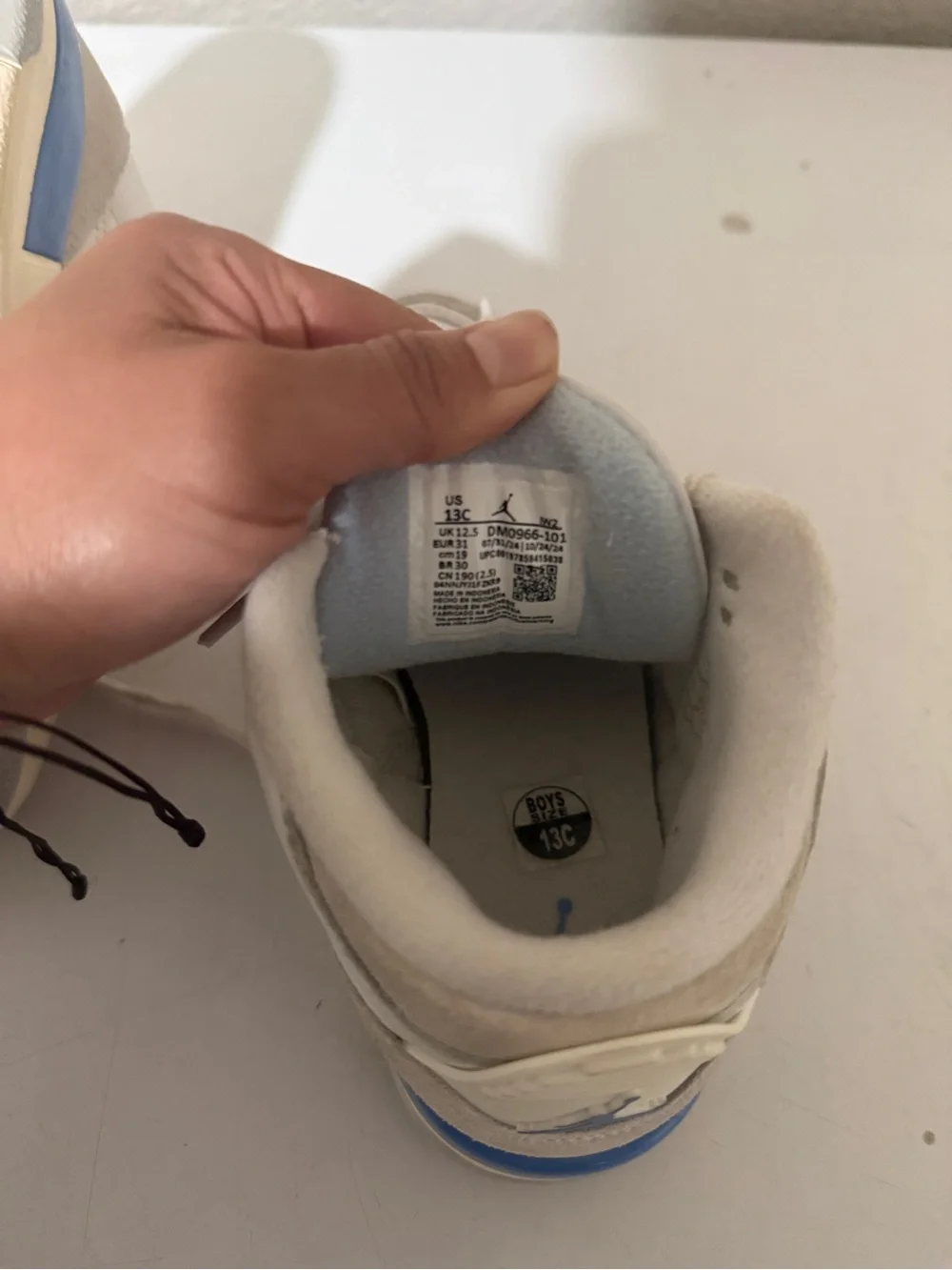 Jordan Kids White and Light Blue Leather Sneakers and crocs  BOTH FOR $40